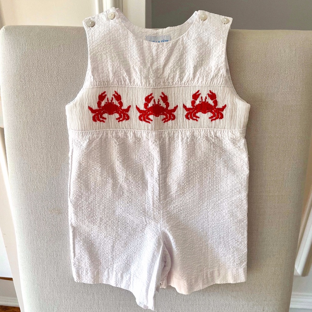 White Seersucker with Smocked Red Crabs Cotton Shortall LIKE NEW! (worn once)